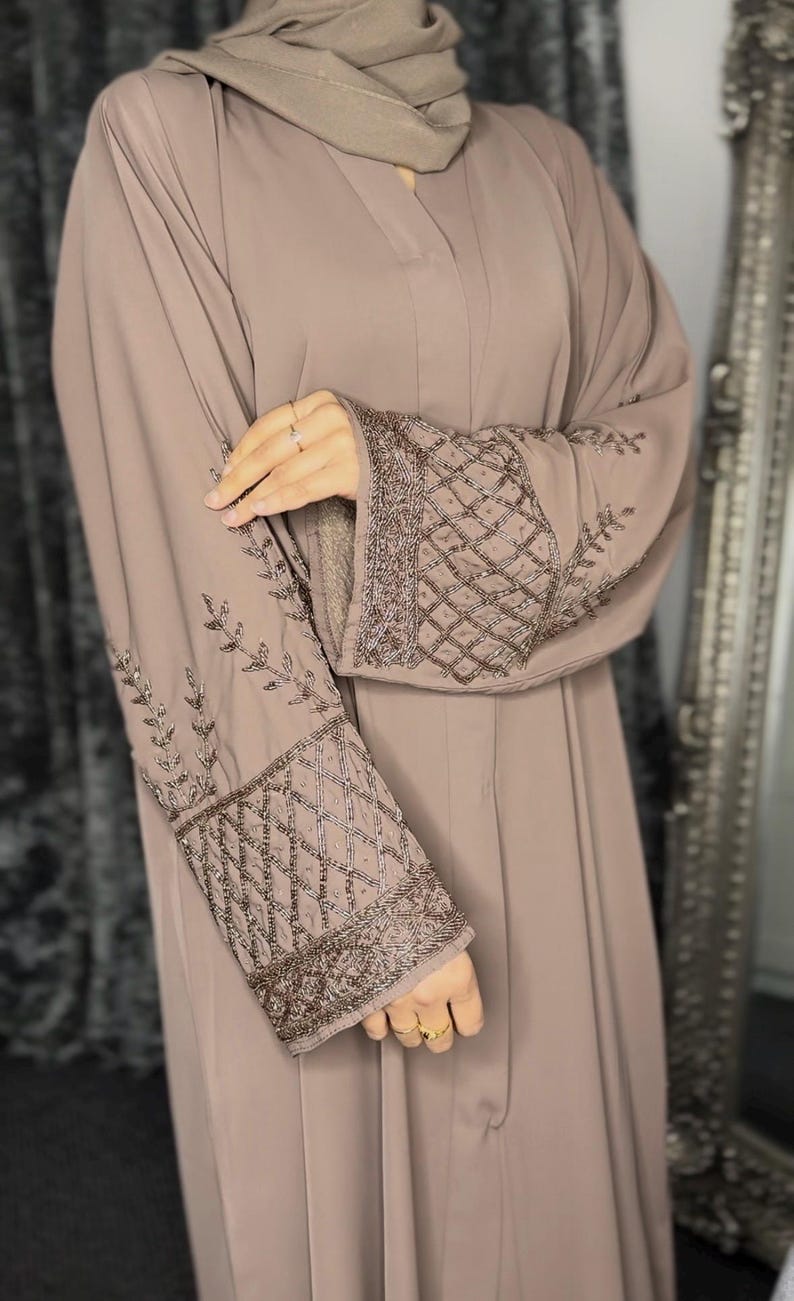 The Royal Lattice Abaya – Hand-Beaded Mink Emirati Occasion Wear