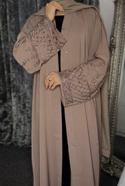 The Royal Lattice Abaya – Hand-Beaded Mink Emirati Occasion Wear