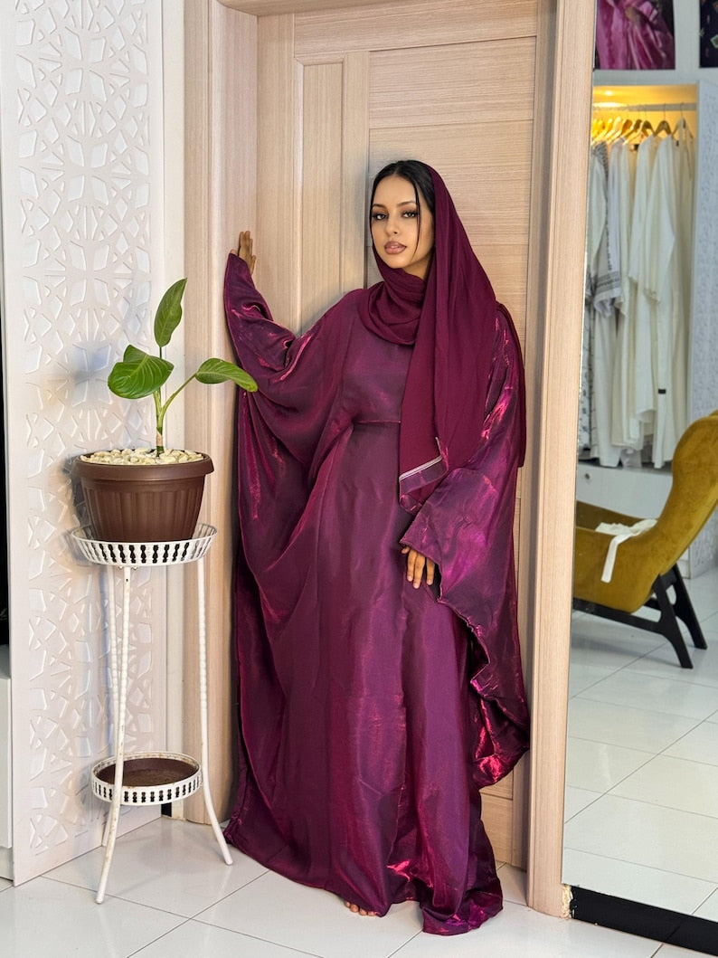 Rotana Shimmer Abaya - Elegant 2-piece set with scarf, dark magenta