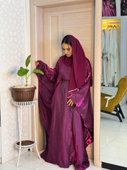 Rotana Shimmer Abaya - Elegant 2-piece set with scarf, dark magenta