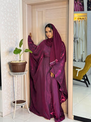 Rotana Shimmer Abaya - Elegant 2-piece set with scarf, dark magenta