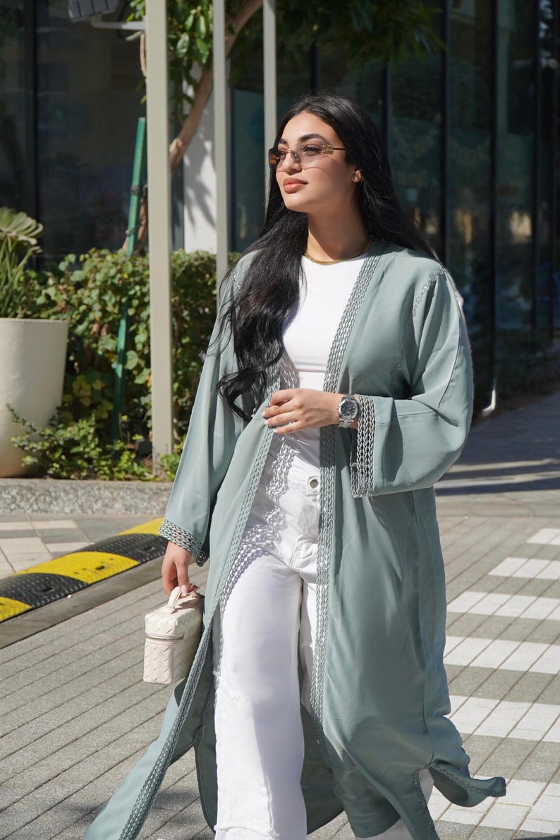 3-Piece Set - Modest sage green abaya with inner dress and scarf