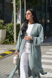 3-Piece Set - Modest sage green abaya with inner dress and scarf