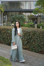 3-Piece Set - Modest sage green abaya with inner dress and scarf