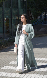 3-Piece Set - Modest sage green abaya with inner dress and scarf