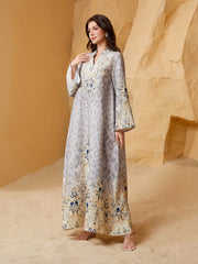 Shimmering Stand-Collar Abaya – Elegant 4-Way Stretch Long Robe
