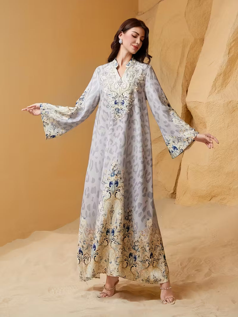 Shimmering Stand-Collar Abaya – Elegant 4-Way Stretch Long Robe