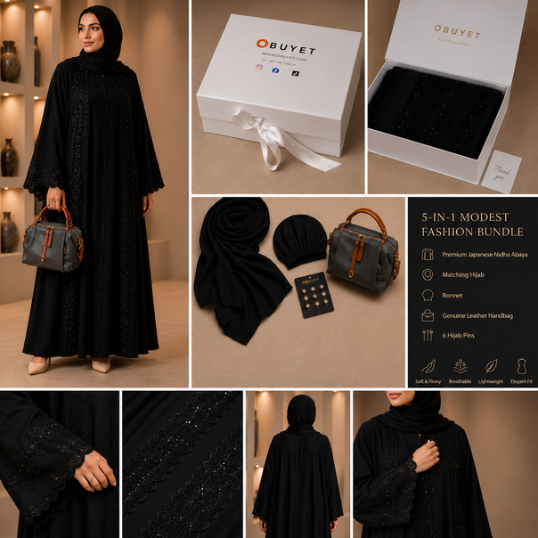 Black Premium Abaya & Bag (Set of 5 items-in-1 box) | عباية سوداء فاخرة مع حقيبة – طقم 5 قطع في بوكس واحد
