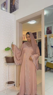 Rotana Shimmer Abaya - Elegant 2-piece set with scarf, dark magenta